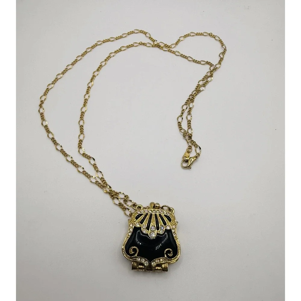 Gold Tone Purse‎ Locket Necklace Black Enamel Rhinestone Hinged Art Deco Style